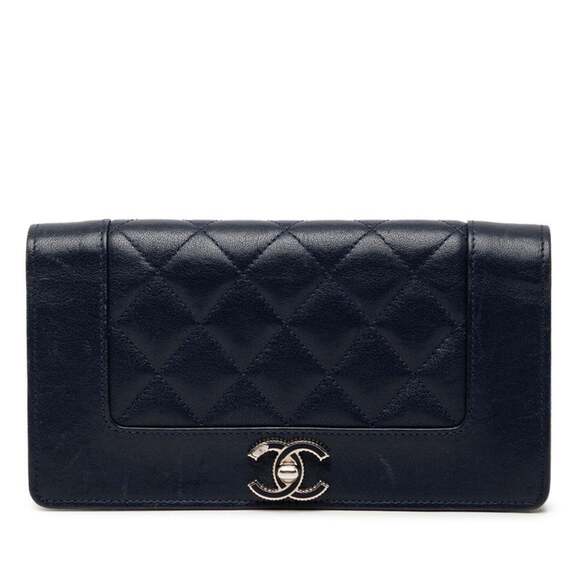 CHANEL Accessories - Chanel Coco Mark Mademoiselle Turnlock Bi-fold Long Wallet Navy Lambskin Wome...